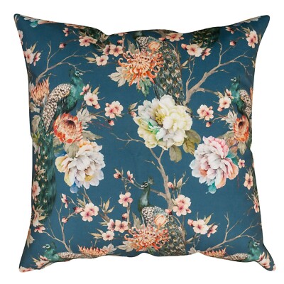 Pfau Rosengarten extra großes Samtkissen, blaue nachlaufende Blumen. 23x23''