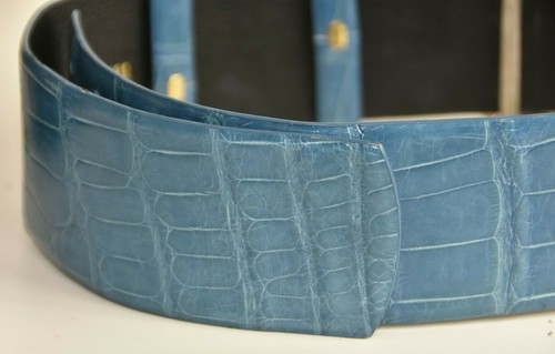 $2190 NEW Oscar de la Renta Leaf WIDE  Belt  ALLIGATOR CROCODILE Blue XS - Picture 6 of 9