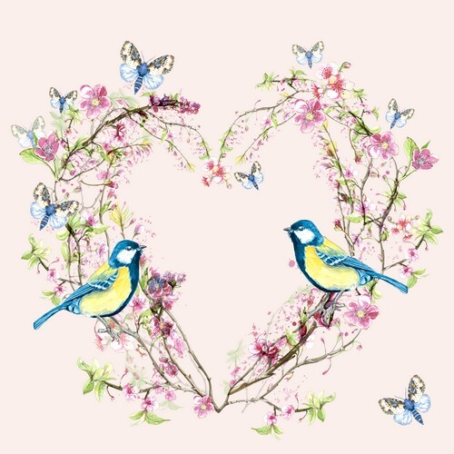 20 Servietten In Love Blaumeisen Blumenherz VöGel Tiere Liebe Rosa 33X33Cm-image