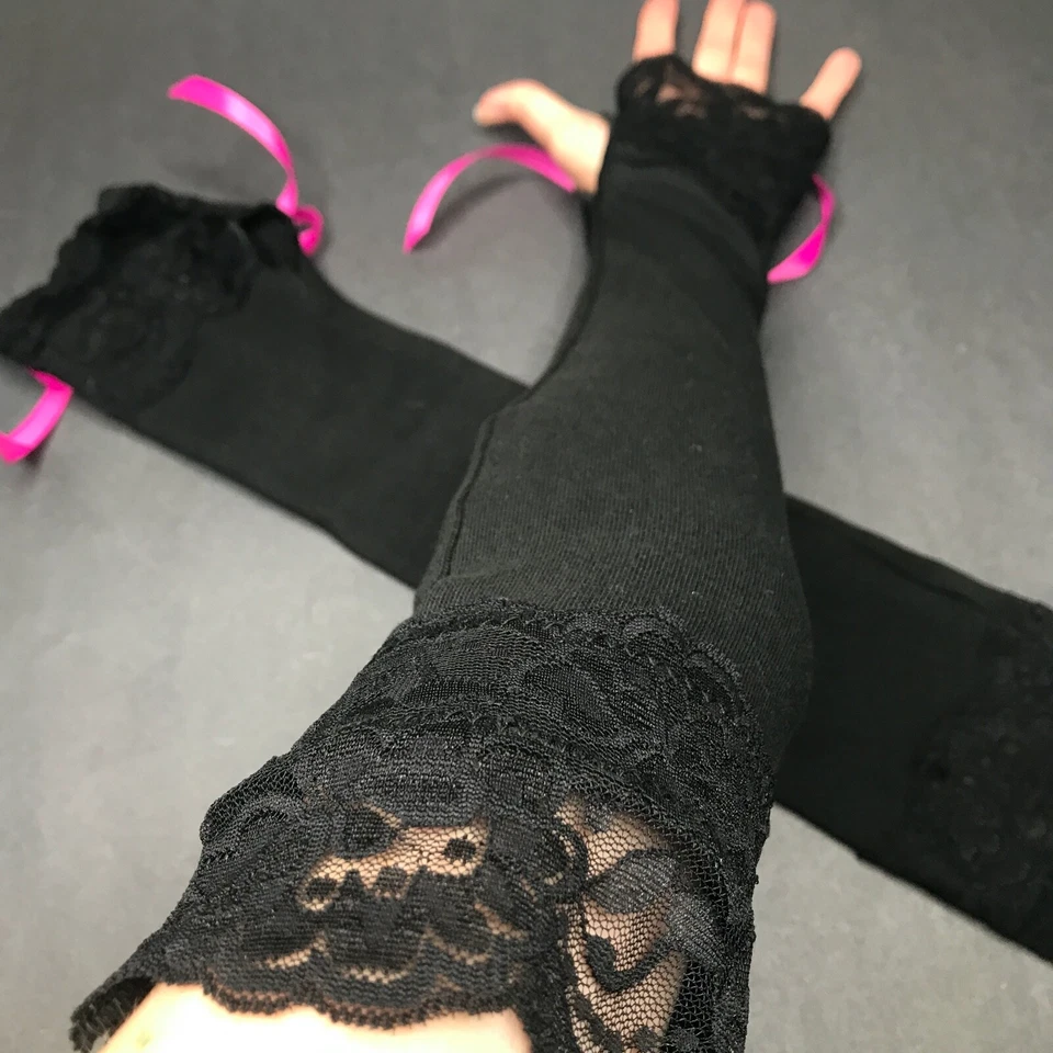 Hot Pink Corset Arm Warmers Black Lace Up Gloves Long Cosplay Wedding Sleeves - Image 4 of 4