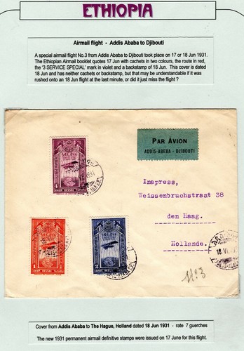 ETHIOPIA Air Mail Cover Special Flight Addis Ababa Djibouti Holland 1931 EP438 - Picture 6 of 12