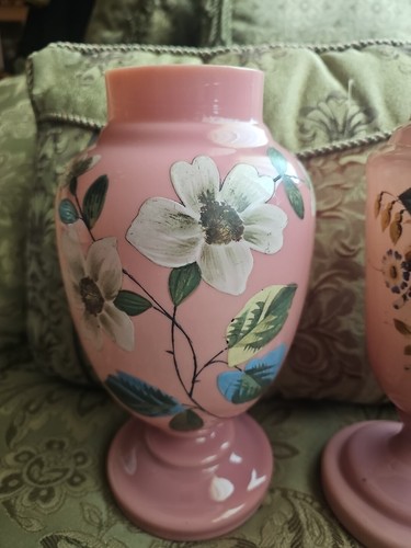 Pair Antique Bristol pink opaline glass vase hand painted flowers - Picture 4 of 24