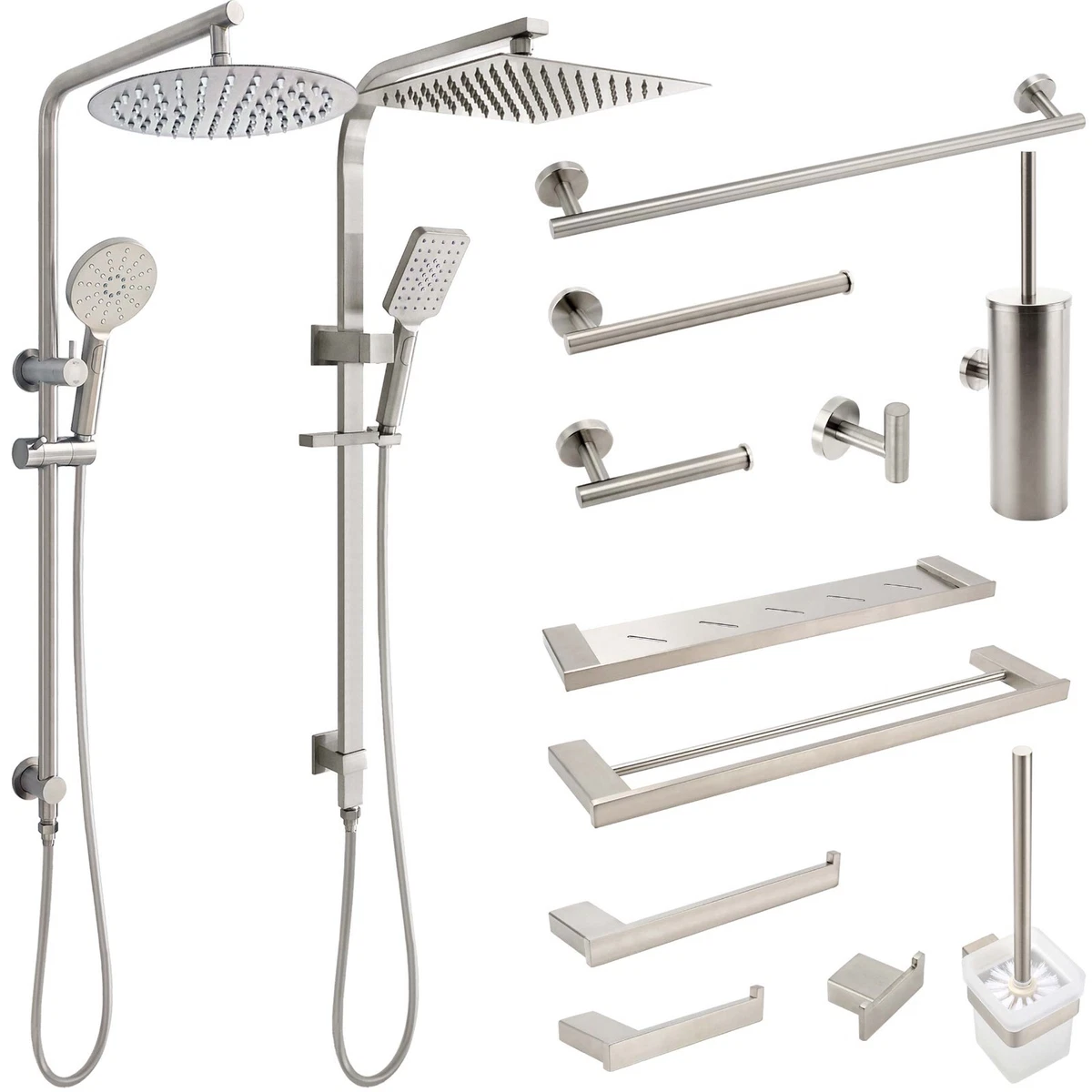 Brushed Nickel 12" Rain Shower Head Sliding Rail Arm Set Mixer Tap Towel Holder