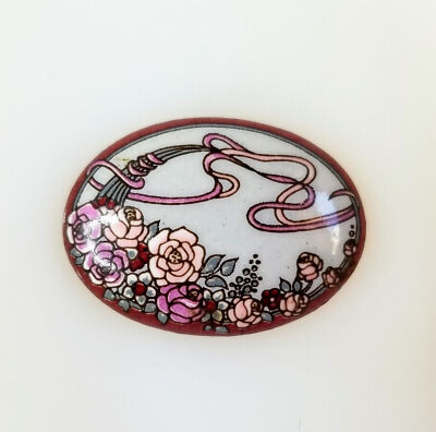 Signed Michaela Frey Enamel Brooch Pink Flower Art Nouveau