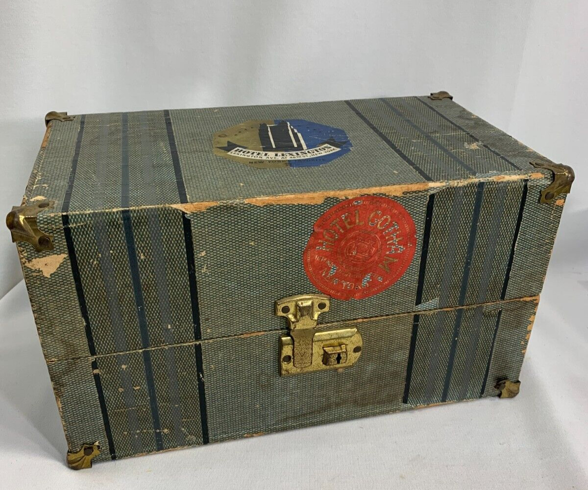 1930's Composite DOLL TRUNK Brass Knuckle Corners Pin Stripe pattern 13"x8"x8"