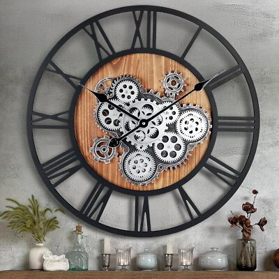 Lafocuse Wanduhr Groß mit Beweglichen Zahnrädern Industrial Steampunk XXL Holz