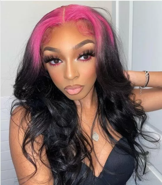 Long Wave Pink Roots Black Wig 13X4 T Lace Front 100% Remy Human Hair Wigs  Soft | Ebay