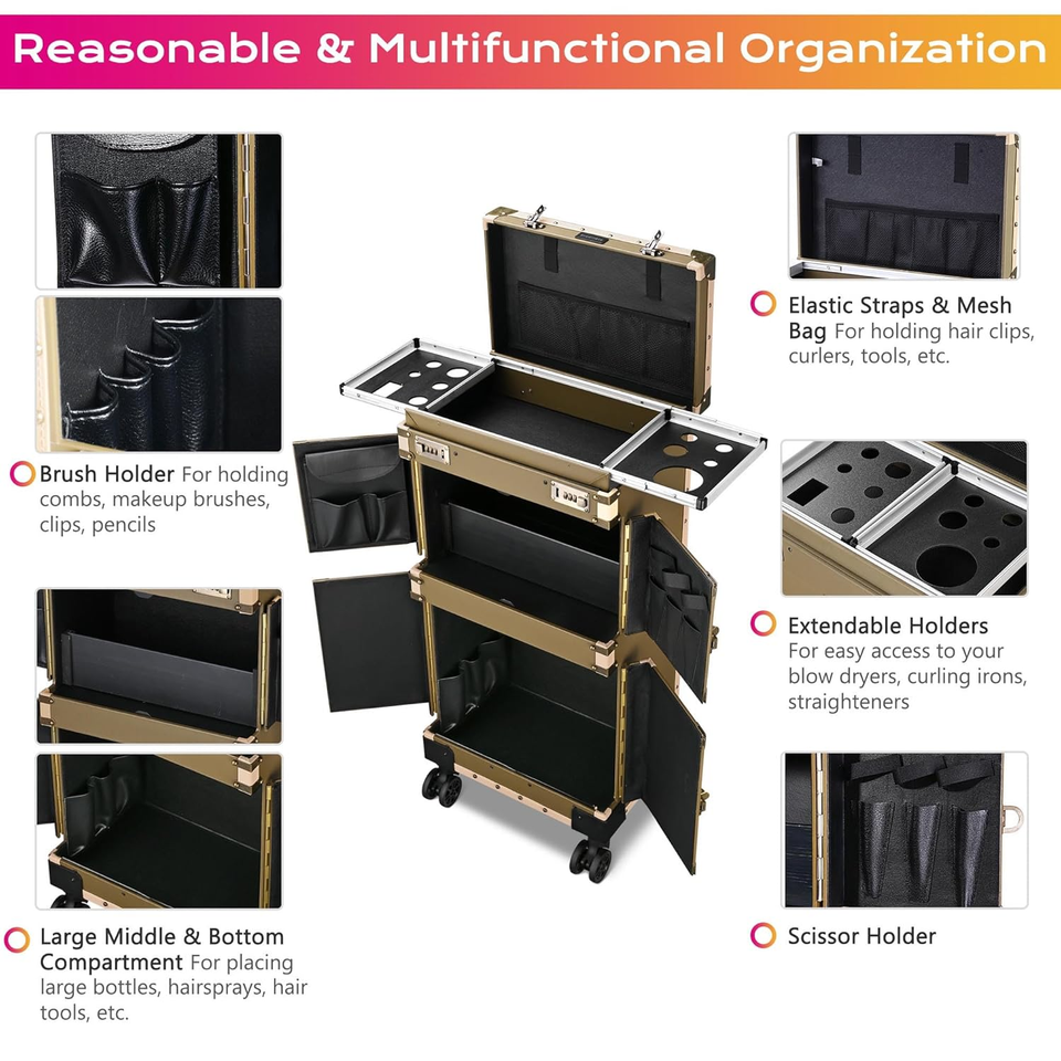 BYOOTIQUE 15"x11"x33" Rolling Makeup Stylist Case with 360° Wheels