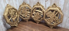 Vtg Homco 4 Gold Wall Hanging Plaque Musical Instrument Harp Horn Violin MCM