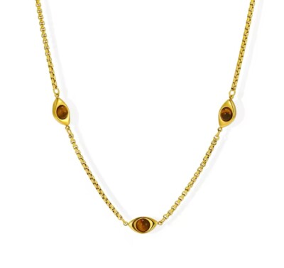 ZARD Evil Eye Segment Station Necklace in Cat Eye Stone Accents Tiger Eye