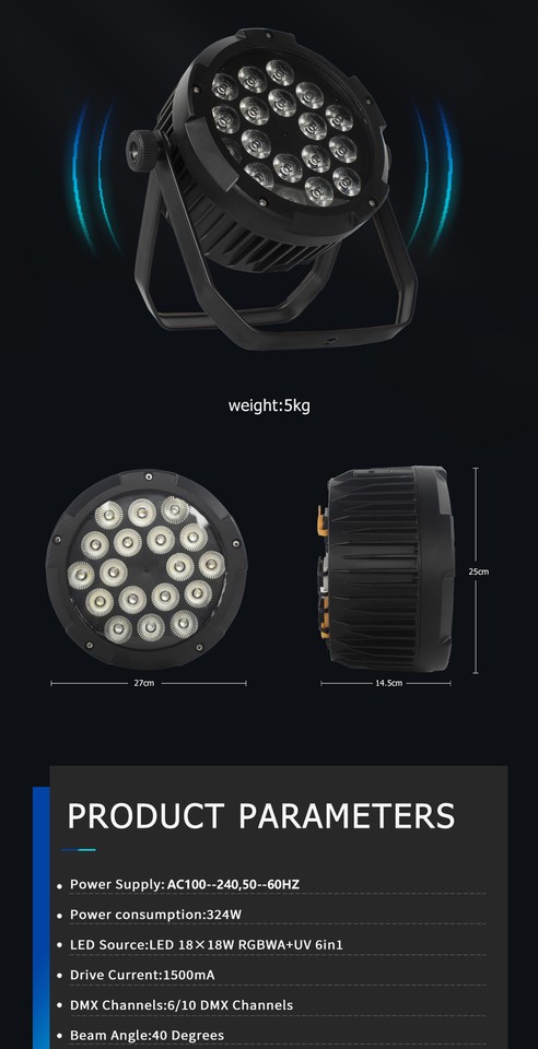 SHEHDS 18x18W LED PAR Lights, RGBWA+UV 6-in-1, 23-49° Zoom/Wash/ Strobe, Stage Light, DJ Light, Wash Light, DMX512, Sound Active, Aluminum Shell, For Stage, Disco, Club, Party