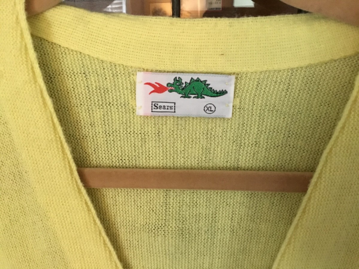 VTG SEARS Bragg'n Dragon YELLOW Button Up Cardigan Sweater SZ L/XL