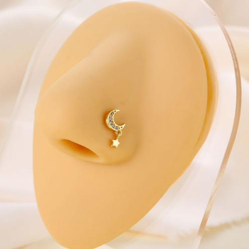Moon and Star Nose Stud – Cubic Zirconia Flower with Dangle Charm (Gold, Silver) - Picture 5 of 6
