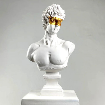 Gold Mask David Statue Marble Sculpture, Pop Art Greek Bust for Home Table Decor