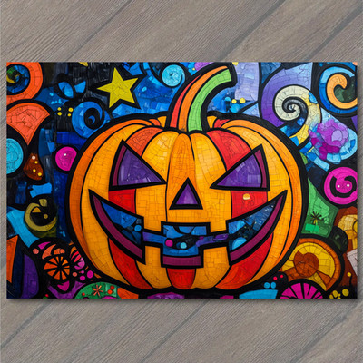 Art Print Abstract Jack O Lantern Purple Eyes Bright Halloween Pumpkin Explosion