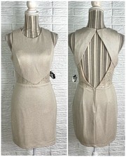 Teeze Me Shimmery Taupe Backless Dress Lace Cut Outs Size 7 NWT