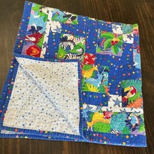 Handmade Jungle Safari Animal Patchwork Baby Quilt Nursery Blue 38x40