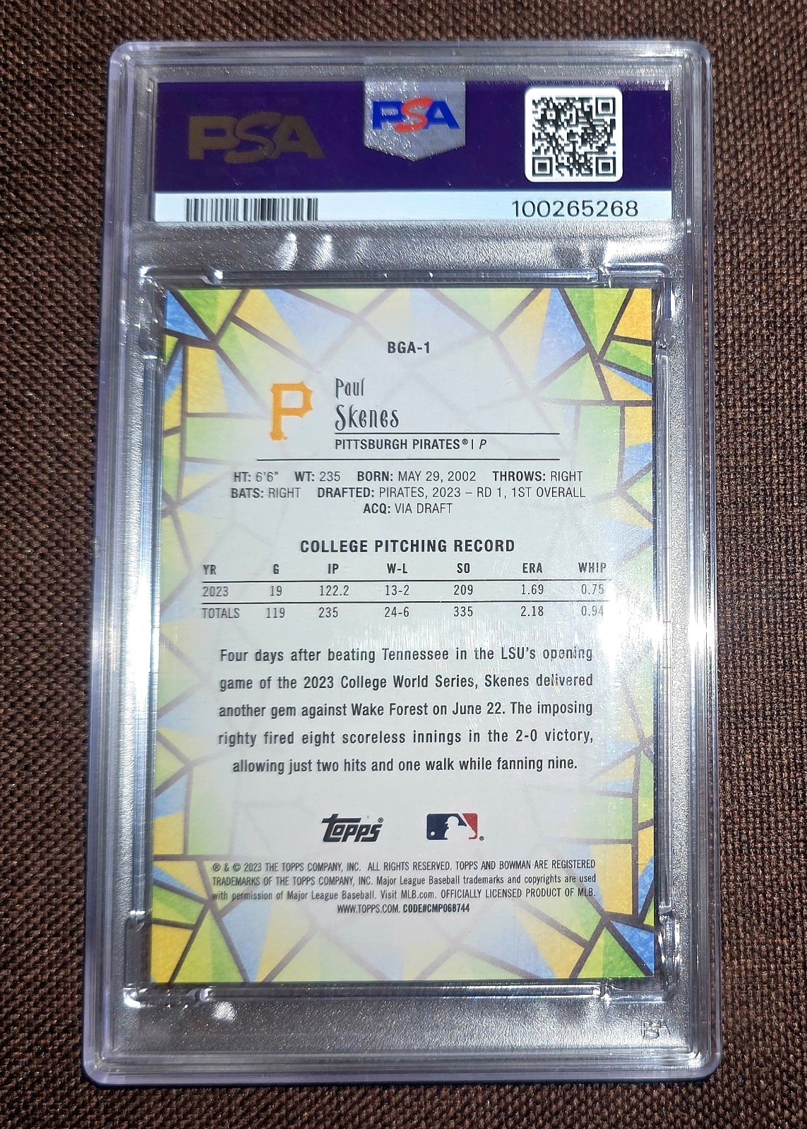2023 Bowman Draft Paul Skenes GLASS PSA 10 GEM MINT  view 2