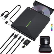 ORIGBELIE External CD DVD Drive, 4 USB  2 TF/SD 5.9" x 5.65" x 0.75", Black