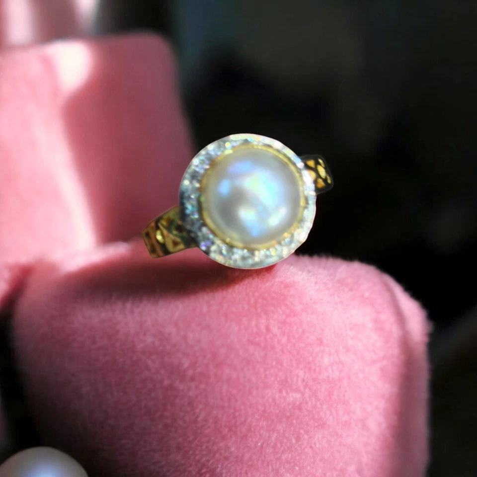 Pave 4,30 Cts Rond Taille Brillante Diamants Perle Bague Mariage Or Jaune 14K - Photo 3/4