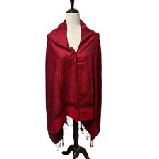 NWOT Red Pashmina Poncho with Fringe and Black Paisley Pattern