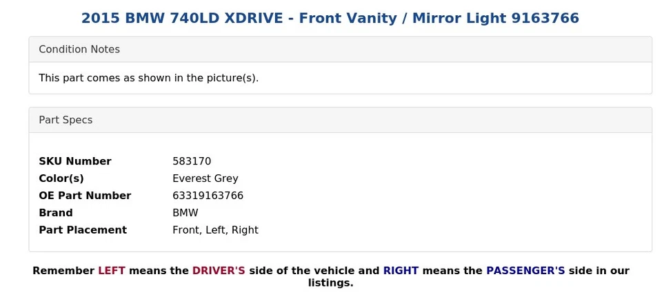 2015 BMW 740LD XDRIVE - Vaidade dianteira/luz espelhada 9163766 - Imagem 4 de 4