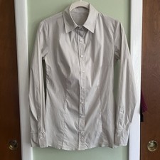 Women  s 6 Long-Sleeved Stretch Cotton Button-down shirt Beige White Striped EUC