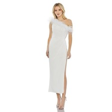 Mac Duggal White Feather Trim One Shoulder Draped Dress A68147 Size 6 NWT