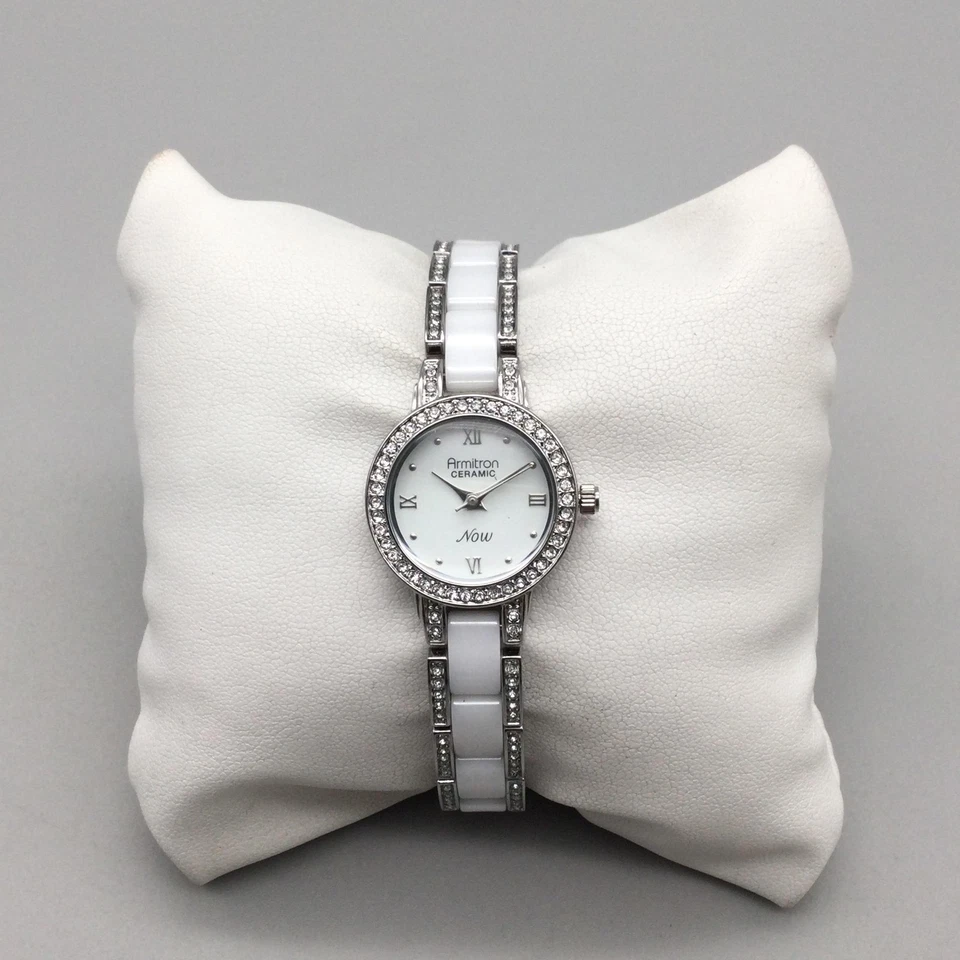 Armitron Watch Womens 24mm White Ceramic Crystals Rhinestone New Battery 7.75" - Image 2 of 4