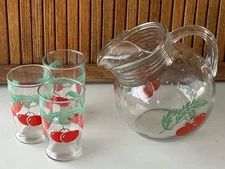 1950s Anchor Hocking Red Tomatoes Tilt Ball Pitcher and ( 3 ) 6 oz Glasses  Exc!