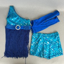 Blue Jazz Dance Costume Child Small Fringe Rhinestone Shorts Arm Sleeves Set