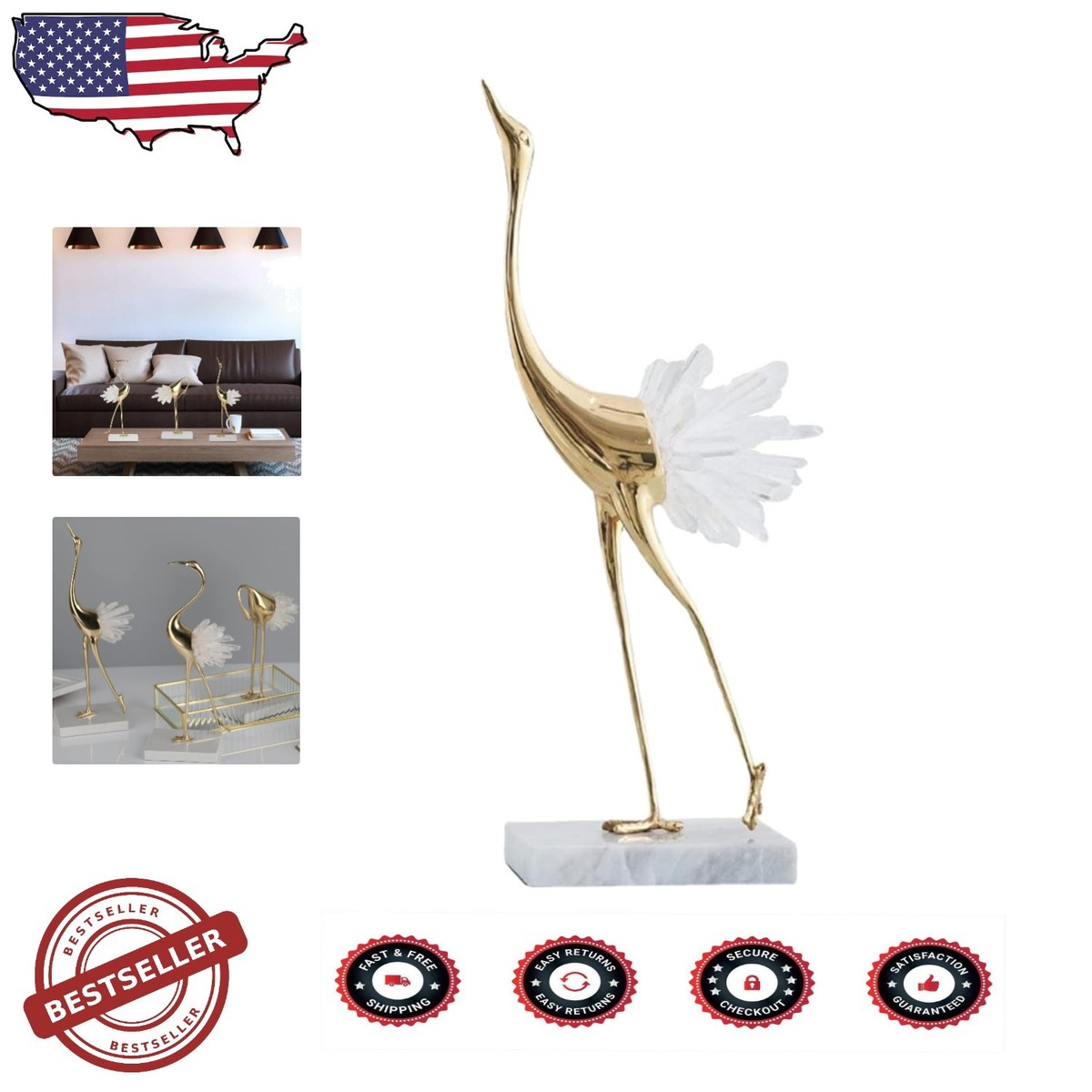Luxury Gold Crane Bird Figurine, Crystal Accent, Marble Base Decor