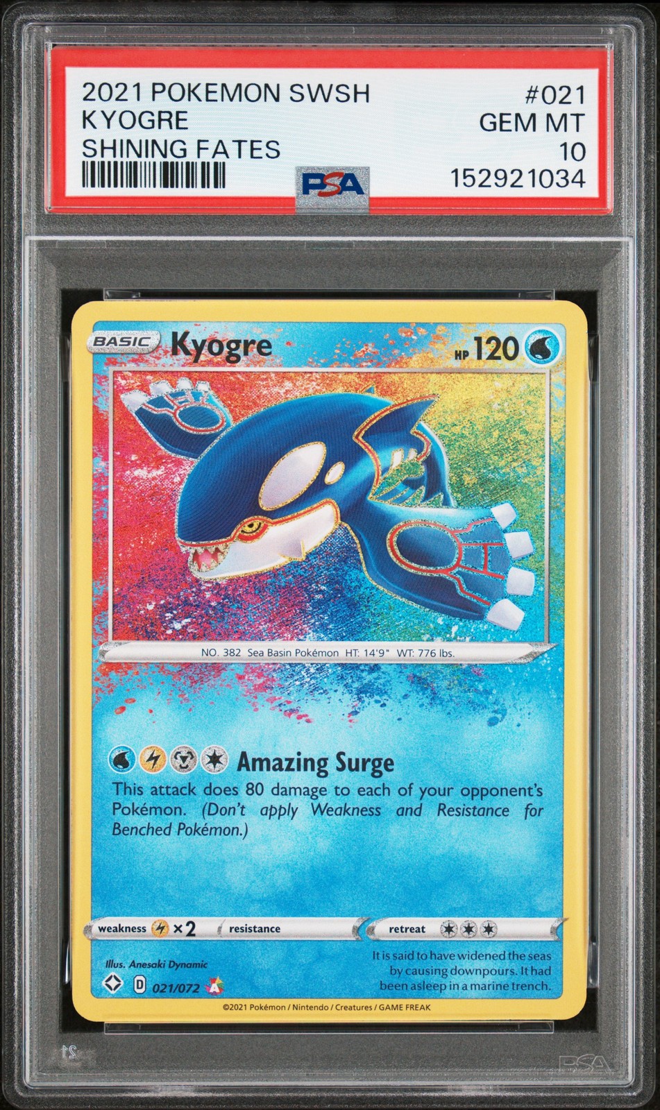 2021 POKEMON SWORD & SHIELD SHINING FATES #021 KYOGRE PSA 10