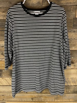 Avenue Women's Plus Sz 18/20 Black White Gray Stripe 3/4 Sleeve Top