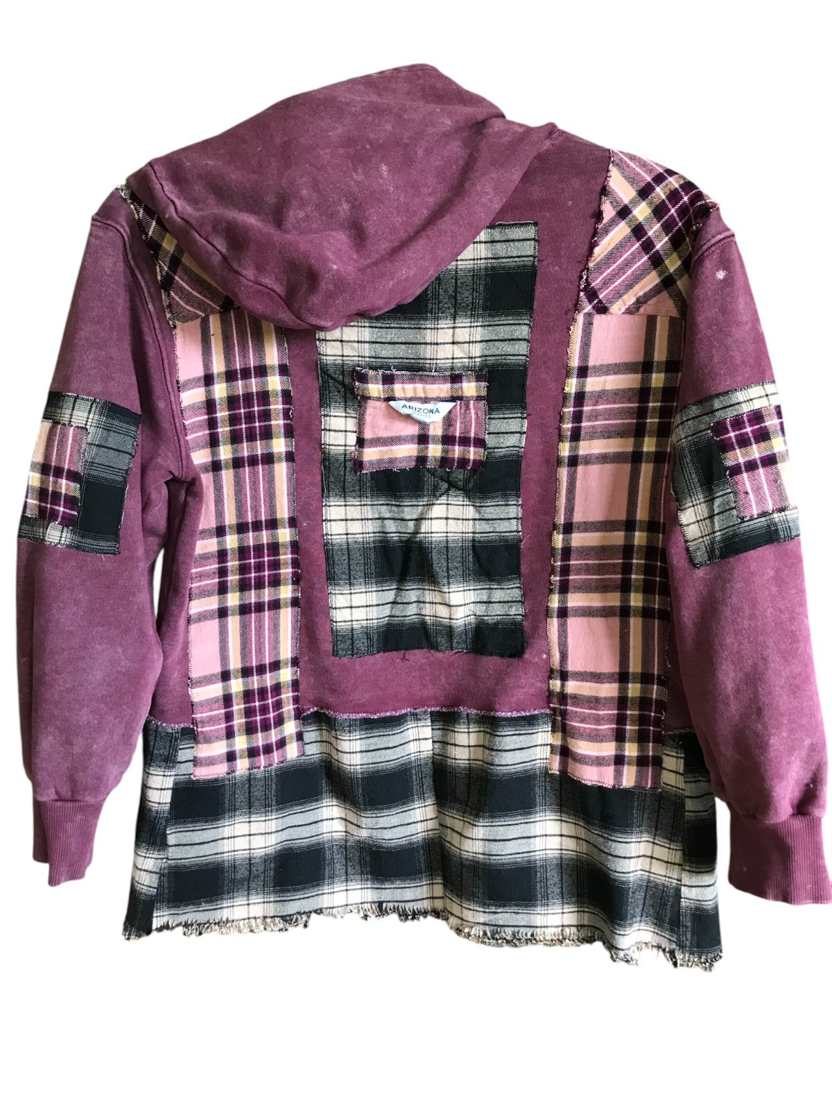Upcycled Patchwork Hoodie: Distressed Magenta Pla… - image 17