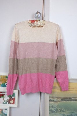 Pullover beige rosa gestreift rosa elfenbein beige Blöcke Rundhals UK12 lightwe