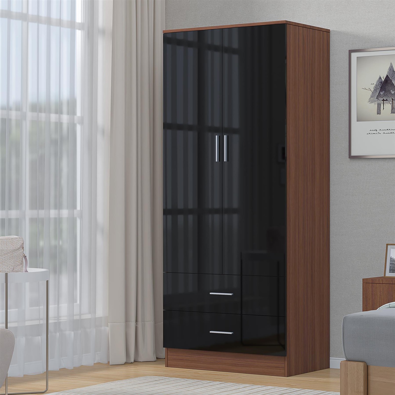 REFLECT 2 Door 2 Drawer Wardrobe - Black Gloss Fronts & Matt Walnut Carcass