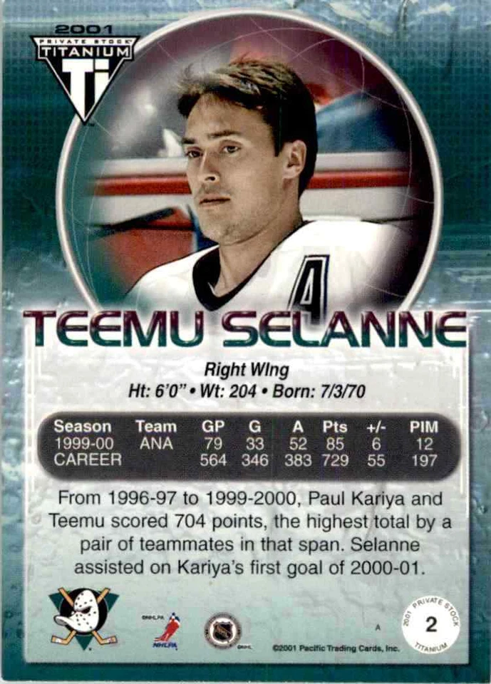 2000-01 Pacific Private Stock Titanium Teemu Selanne #2 - Image 2 of 2