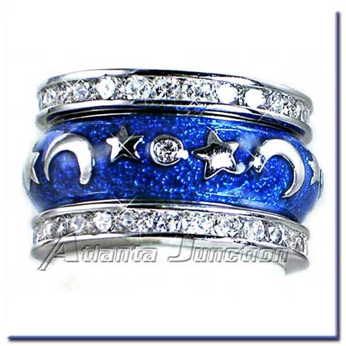 DESIGNER REPLICA *MOON_STARS*_BLUE ENAMEL_BAND RING_SZ-9__925 STERLING SILVER - Picture 7 of 9