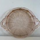 Vintage Cherry Blossom Pink Depression Glass Handled Cake Plate