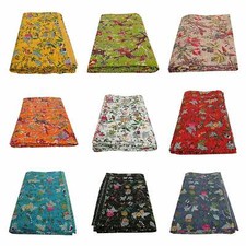 Image of Indian Kantha Quilt Bird Print Blanket Cotton King Size Bedspread Handmade Throw