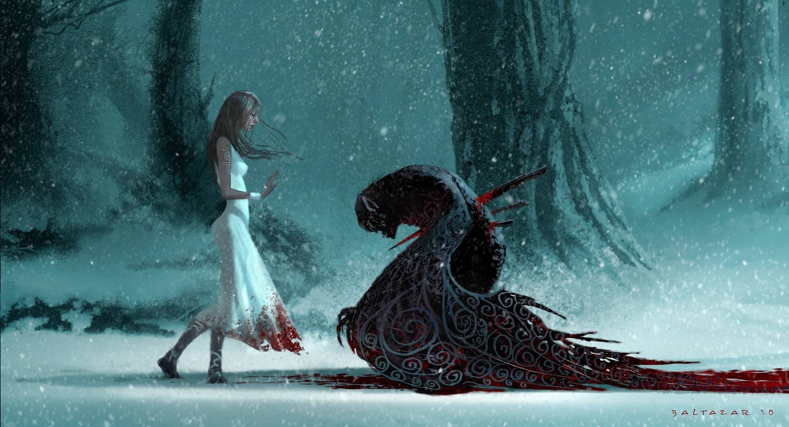 Anime fantasy art creature snow dress girl blood trees Play Gaming Mat Desk