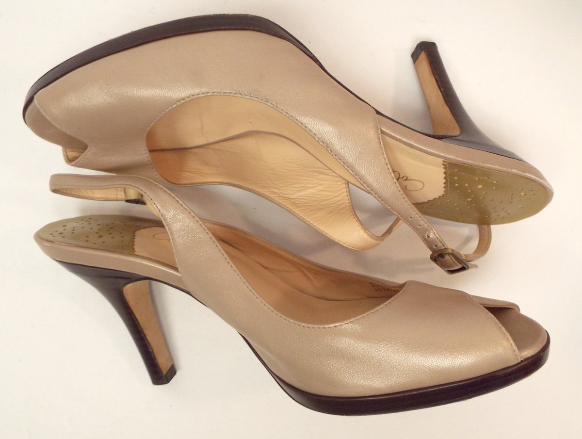 COLE HAAN Size 9 CARMA Slingback Champagne Peep Toe Heels