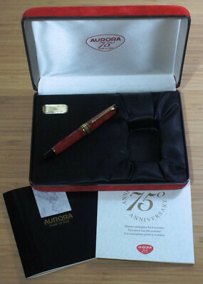 Aurora Optima 75th Anniversary Red Marble Fountain Pen 18K Nib Gold Trim 