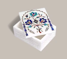 White Marble Jewelry Box Marquetry Floral Fine Inlay Stone