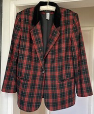 VTG Sag Harbor Boxy Plaid Wool Blazer Wom 16 Velvet Shoulder Pad English Country