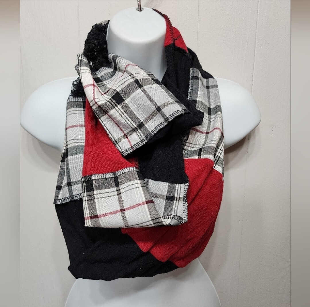 Infinity Scarf Multicolor Plaid Solid Lace Red Bl… - image 1