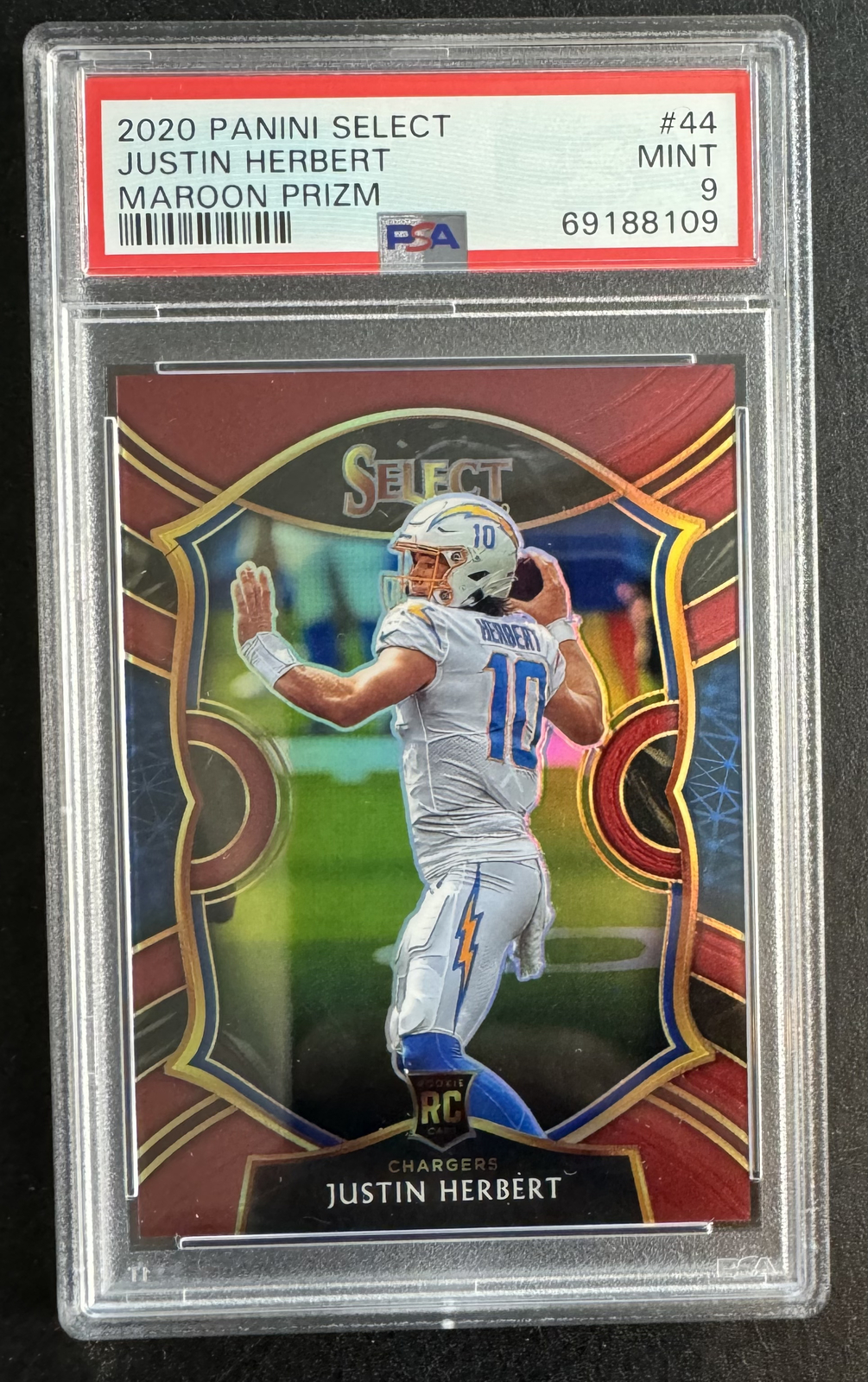 #/149 Justin Herbert PSA 9 MINT 2020 Panini Select Concourse Maroon Prizm RC #44