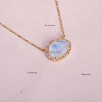 Uneven Rainbow Moonstone Diamond Halo Delicate Necklace Pendant 14kYellow  Gold