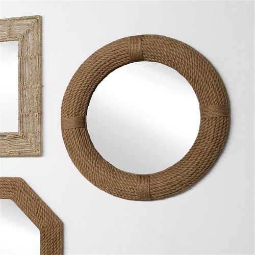 Eden Home Round Coastal Style Wood and Fabric Mirror in Brown - Picture 2 of 3